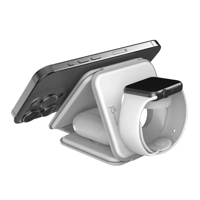 j5create Qi2 3-in-1 magnētiskā ceļojumu bezvadu uzlādes stacija, iekštelpām, USB ātrā uzlāde, balta
