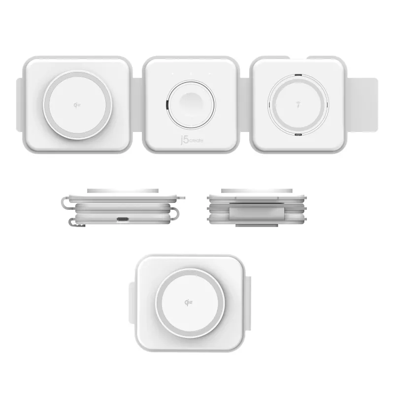 j5create Qi2 3-in-1 magnētiskā ceļojumu bezvadu uzlādes stacija, iekštelpām, USB ātrā uzlāde, balta