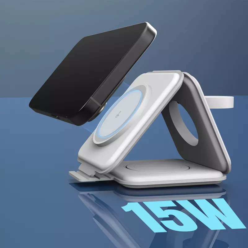 j5create Qi2 3-in-1 magnētiskā ceļojumu bezvadu uzlādes stacija, iekštelpām, USB ātrā uzlāde, balta