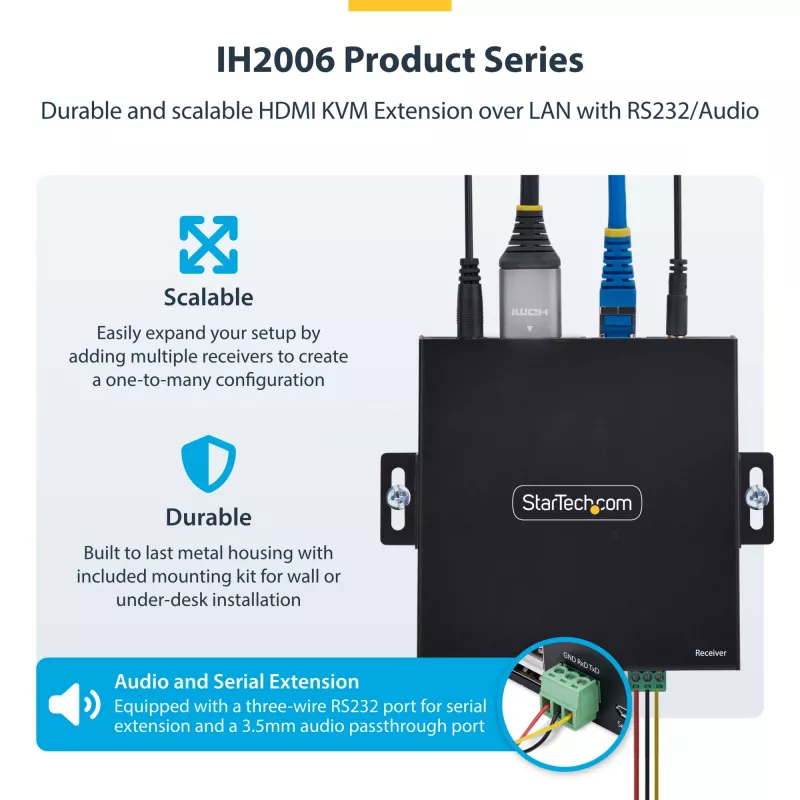 StarTech.com HDMI KVM pagarinātājs pa IP tīklu, 4K 60Hz, bez draiveriem, HDMI un USB pa Ethernet/CAT6, AVoIP, raidītājs un uztvērējs komplektā, ieskaitot montāžas komplektus