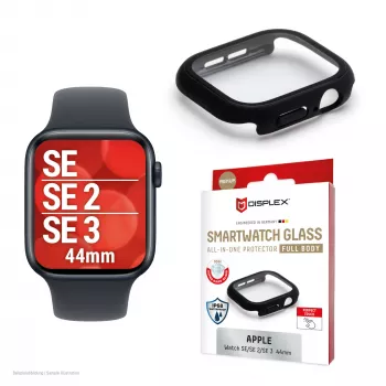 Aizsargstikls PanzerGlass Displex 10H Apple Watch SE3/SE2/SE (44mm) — pilna korpusa, IP68, uzspraužams, melns matēts