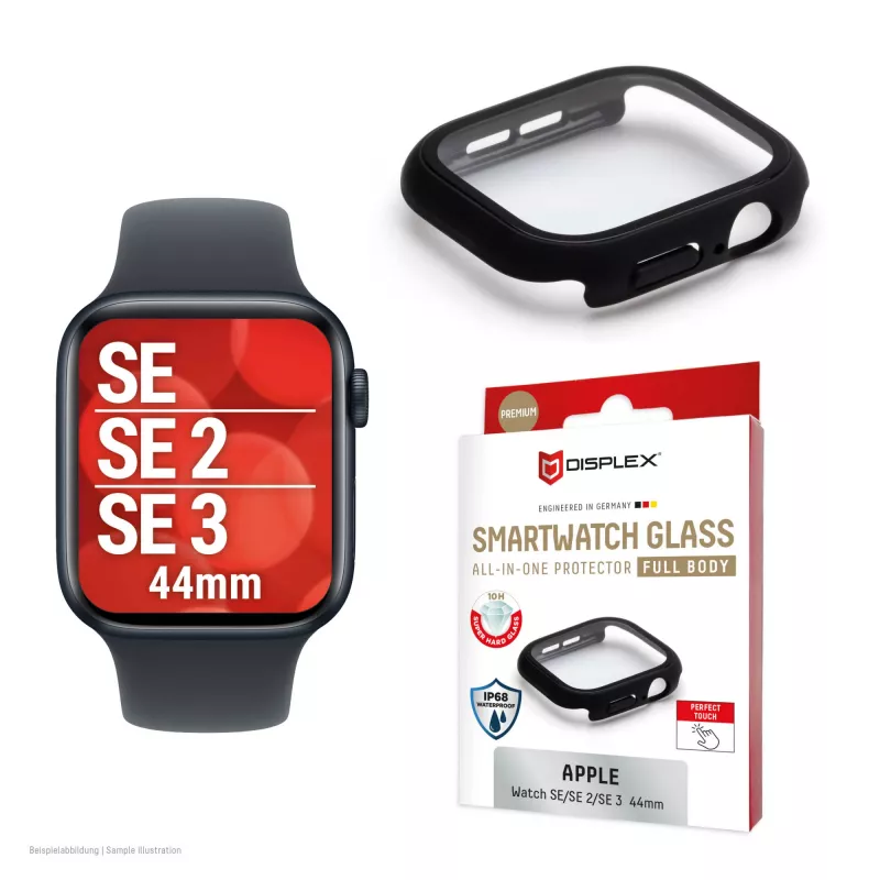 Aizsargstikls PanzerGlass Displex 10H Apple Watch SE3/SE2/SE (44mm) — pilna korpusa, IP68, uzspraužams, melns matēts