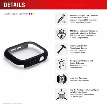 Aizsargstikls PanzerGlass Displex 10H Apple Watch SE3/SE2/SE (44mm) — pilna korpusa, IP68, uzspraužams, melns matēts