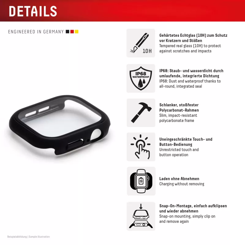 Aizsargstikls PanzerGlass Displex 10H Apple Watch SE3/SE2/SE (44mm) — pilna korpusa, IP68, uzspraužams, melns matēts