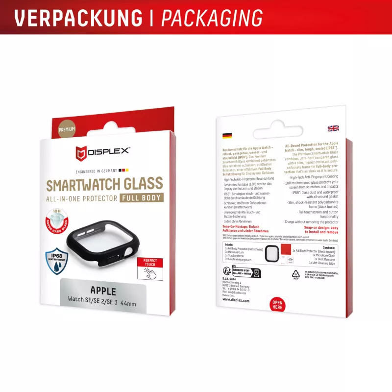 Aizsargstikls PanzerGlass Displex 10H Apple Watch SE3/SE2/SE (44mm) — pilna korpusa, IP68, uzspraužams, melns matēts