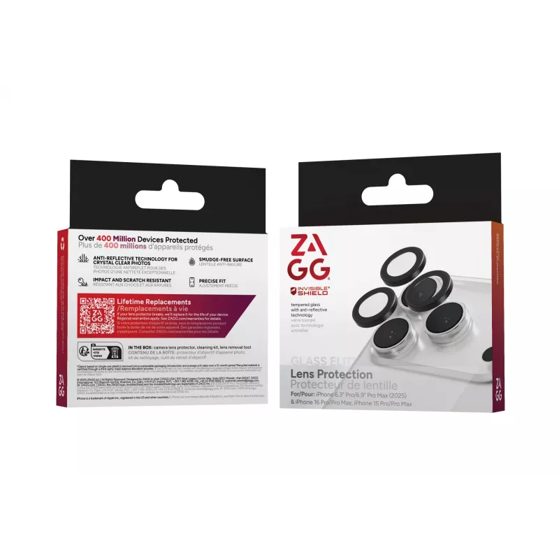 InvisibleShield Glass Elite (CameraRings) Objektīva aizsardzība Apple iPhone 17 Pro/17 Pro Max 16 Pro/16 Pro Max/15 Pro/15 Pro Max Melna