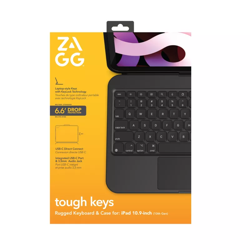 ZAGG Tough Keys tastatūras maciņš Apple iPad 10. paaudze/A16, melns, vācu izkārtojums (B2B brūna kaste)