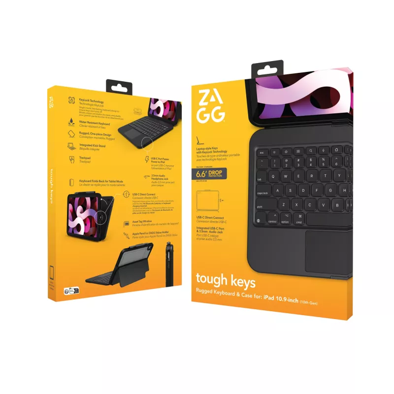 ZAGG Tough Keys tastatūras maciņš Apple iPad 10. paaudze/A16, melns, vācu izkārtojums (B2B brūna kaste)