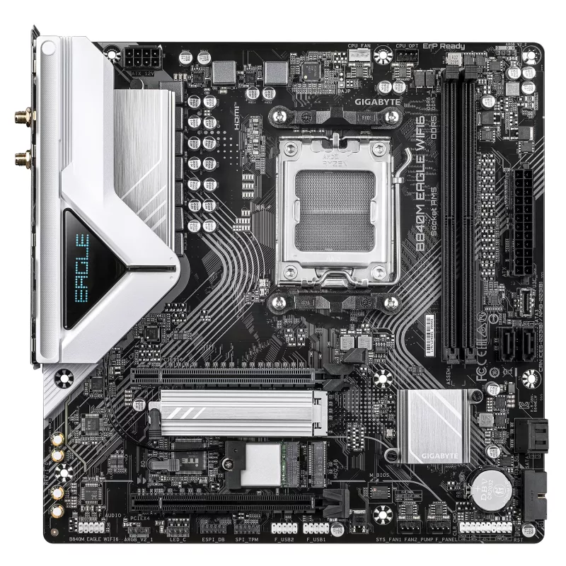 GIGABYTE B840M EAGLE WIFI6 Mātesplate - AMD Ryzen 9000 CPU, 5+2+2 fāžu VRM, līdz 7600MHz DDR5(O.C), 1xPCIe 4.0 + 1xPCIe 3.0 M.2, Wi-Fi 6, 2.5GbE LAN, USB 3.2 Gen 1