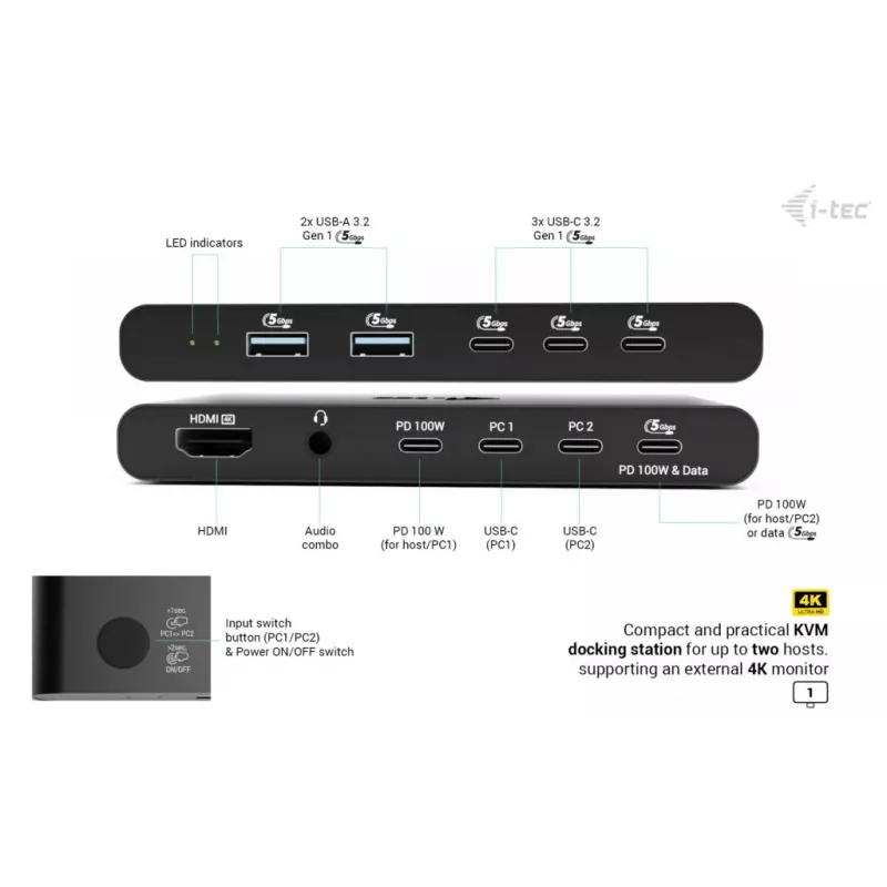 KVM Docking Station i-tec 2 resursdatoriem HDMI, USB-C resursdatora interfeiss, PD 2×100W, 4K@60Hz, 2×USB-A