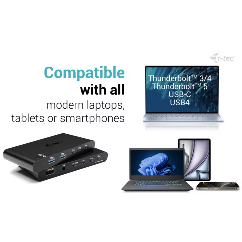 KVM Docking Station i-tec 2 resursdatoriem HDMI, USB-C resursdatora interfeiss, PD 2×100W, 4K@60Hz, 2×USB-A