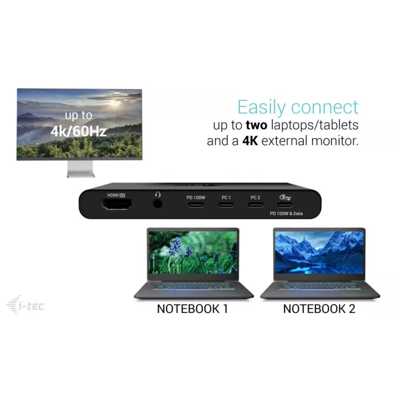 KVM Docking Station i-tec 2 resursdatoriem HDMI, USB-C resursdatora interfeiss, PD 2×100W, 4K@60Hz, 2×USB-A