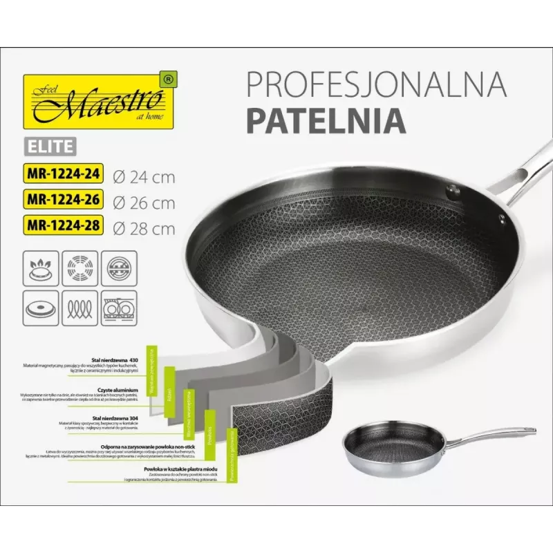 Universālā cepamā panna Maestro MR-1224-28 28 cm, trīsslāņu nerūsējošā tērauda korpuss, nepiedegošs pārklājums, indukcijai piemērota