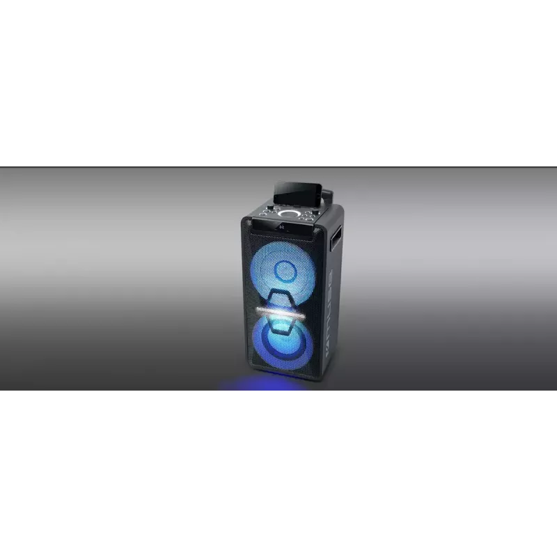 Pārnēsājams skaļrunis Muse M-1920 DJ — 300 W RMS, tīkla barošana, 3.5 mm ieeja, 256×287×534 mm, 7 kg, melns