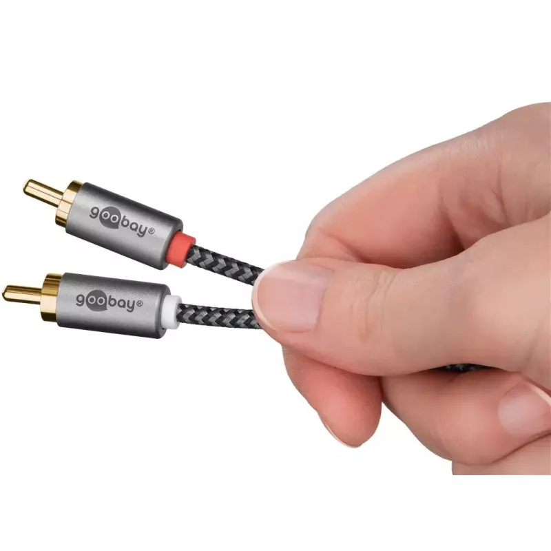 Audio kabelis Goobay 65285 3.5 mm vīrišķais uz 2×RCA vīrišķais, 1 m, varš, apzeltīti kontakti, magnētiskais ekranējums (melns/sudrabs)