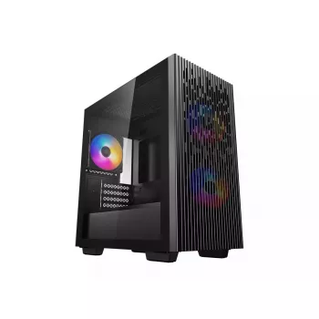 PC korpuss DeepCool MATREXX 40 3FS Micro Tower — Micro ATX/Mini-ITX, rūdīts stikls, 3x140/2x120 ventilatori, GPU līdz 320 mm, 2x3.5 inch + 2x2.5 inch, melns