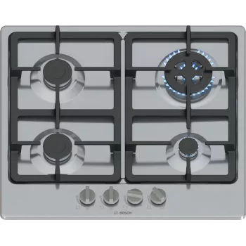 Iebūvējamā gāzes plīts virsma Bosch Serie 4 PGH6B5K90, 4 zonas, nerūsējošais tērauds, 60 cm, rotācijas vadība, wok deglis