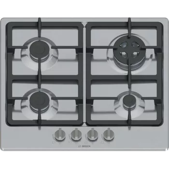 Iebūvējamā gāzes plīts virsma Bosch Serie 4 PGH6B5K90, 4 zonas, nerūsējošais tērauds, 60 cm, rotācijas vadība, wok deglis