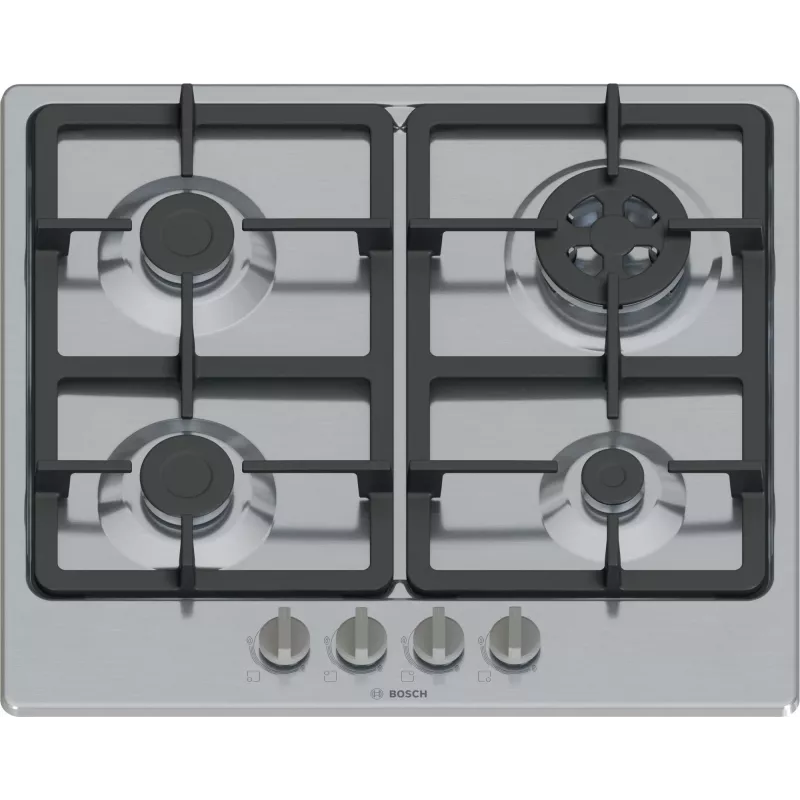 Iebūvējamā gāzes plīts virsma Bosch Serie 4 PGH6B5K90, 4 zonas, nerūsējošais tērauds, 60 cm, rotācijas vadība, wok deglis