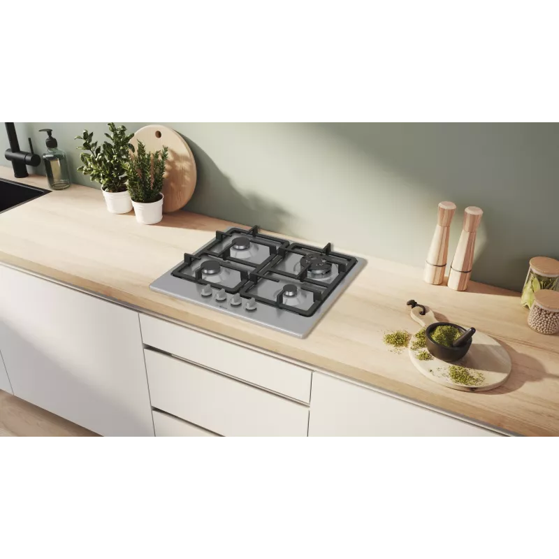 Iebūvējamā gāzes plīts virsma Bosch Serie 4 PGH6B5K90, 4 zonas, nerūsējošais tērauds, 60 cm, rotācijas vadība, wok deglis