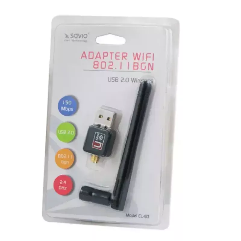 USB WLAN adapteris SAVIO CL-63, vienas joslas 2.4 GHz, 150 Mbit/s, Realtek RTL8188CU, ārējā antena, USB 2.0