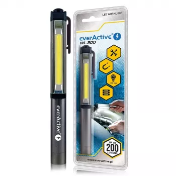 Klipšu lukturītis everActive WL200, 3 W 200 lm, alumīnija korpuss, IPX4, 3×AAA, garums 161,7 mm, melns