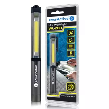 Klipšu lukturītis everActive WL200, 3 W 200 lm, alumīnija korpuss, IPX4, 3×AAA, garums 161,7 mm, melns