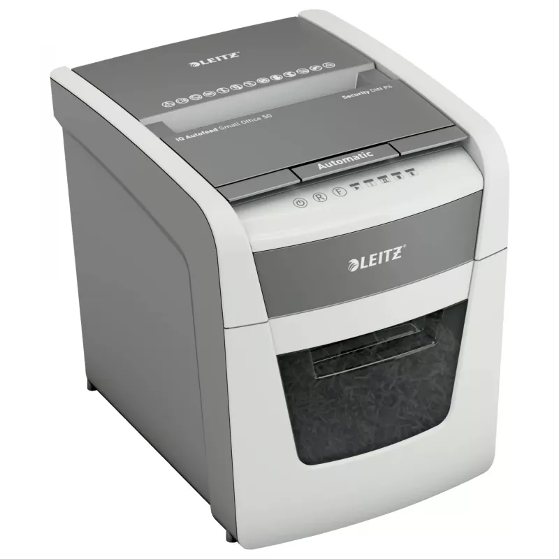Papīra smalcinātājs LEITZ IQ Autofeed Small Office50 P4 — mikrošķērsgriezums 4x28 mm, 50 lapu automātiskā padeve, 22 cm ievade, 20 L grozs