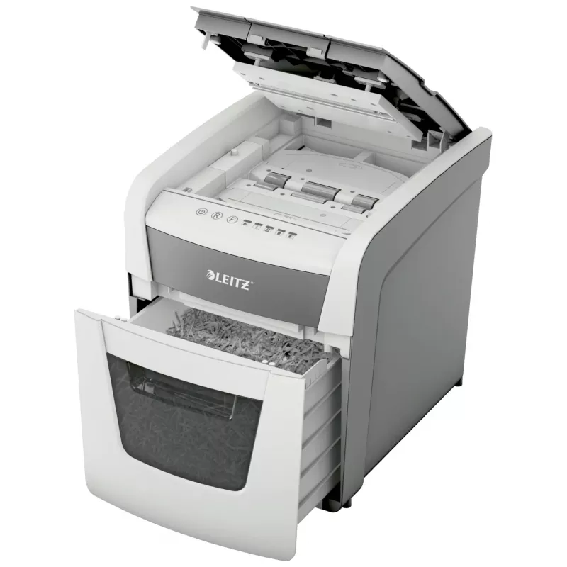 Papīra smalcinātājs LEITZ IQ Autofeed Small Office50 P4 — mikrošķērsgriezums 4x28 mm, 50 lapu automātiskā padeve, 22 cm ievade, 20 L grozs