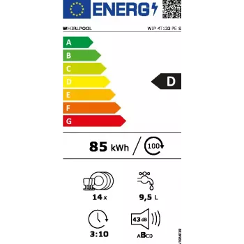 Iebūvējamā trauku mazgājamā mašīna WHIRLPOOL WIP 4T133 PE S — 14 komplekti, 60 cm, 43 dB, Enerģijas klase D