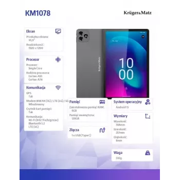 Planšete Kruger & Matz KM1078S 10,1 collu 4G LTE Quad-Core 2GB RAM 32GB Android