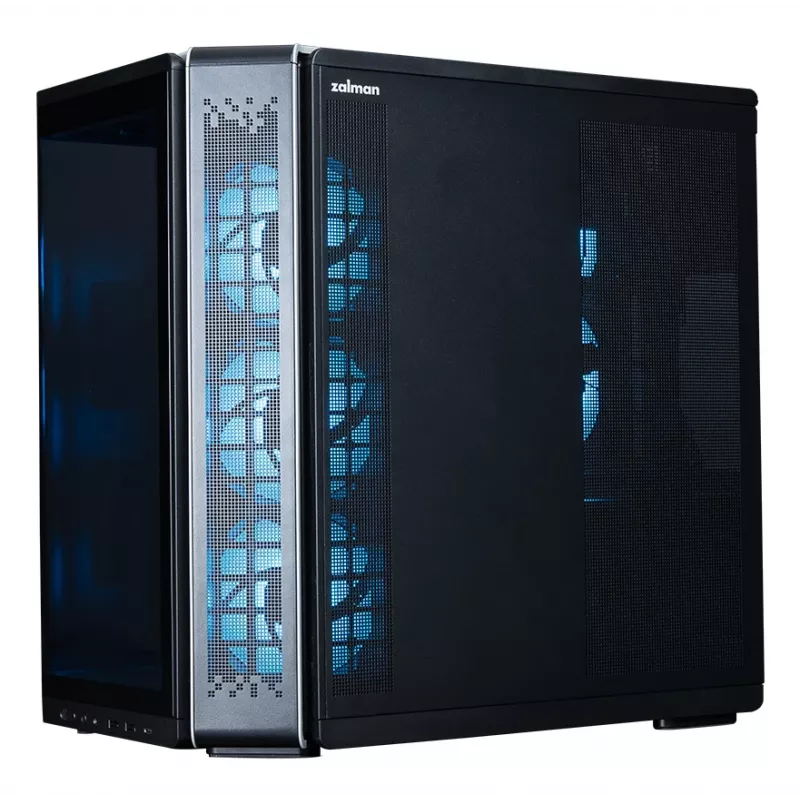 ZALMAN P60 BLACK PC Midi Tower korpuss — ATX/Mini-ITX, rūdīts stikls, 3x120mm sānu + 2x120mm aizmugures ventilatori, 290×475×478 mm