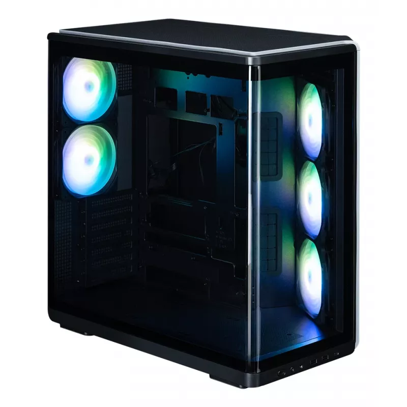 ZALMAN P60 BLACK PC Midi Tower korpuss — ATX/Mini-ITX, rūdīts stikls, 3x120mm sānu + 2x120mm aizmugures ventilatori, 290×475×478 mm