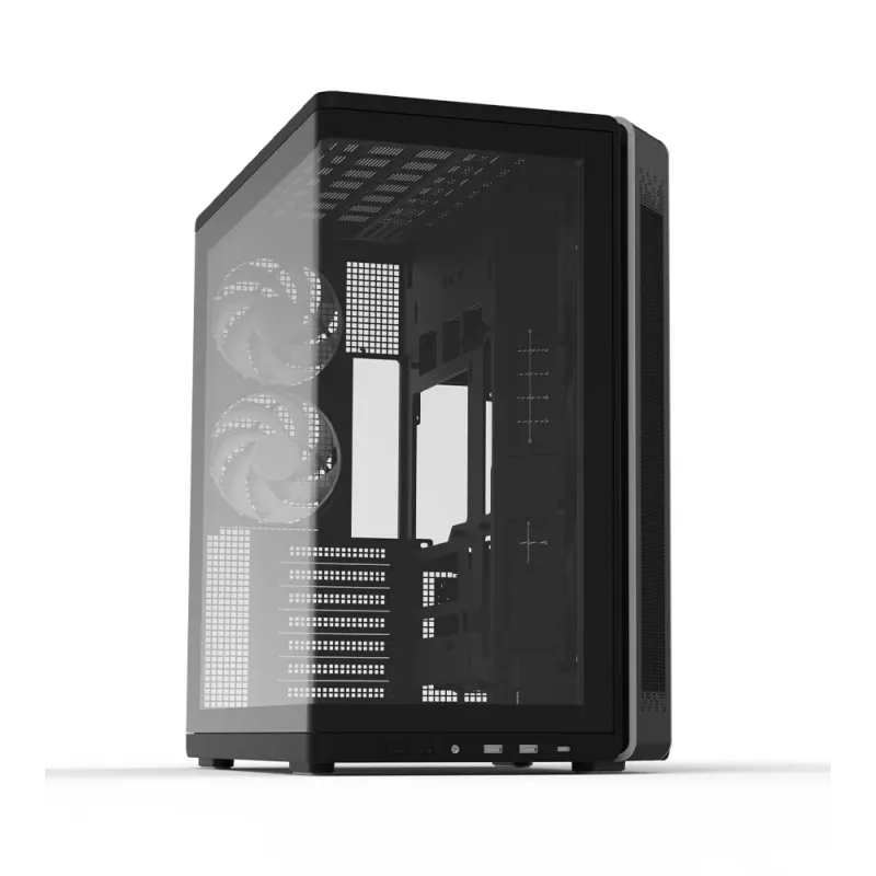 ZALMAN P60 BLACK PC Midi Tower korpuss — ATX/Mini-ITX, rūdīts stikls, 3x120mm sānu + 2x120mm aizmugures ventilatori, 290×475×478 mm
