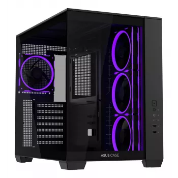 PC korpuss ASUS A32 PLUS ATX, melns – rūdīts stikls, RGB ventilatori, USB-C, atbalsta ATX/Micro-ATX/Mini-ITX