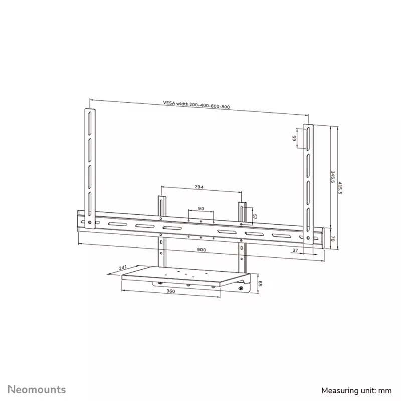 Neomounts AV45-500BL Plaukts klēpjdatoram 43–110 collu ekrāniem, VESA līdz 600x400, maks. 2.5 kg, 900×242×640 mm