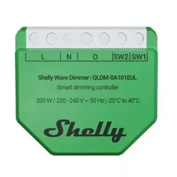 Shelly Wave Dimmer EU LR viedais dimmeris — 2 kanāli, bez nulles vada, 220–240 V, LED līdz 150 W, kvēlspuldzes līdz 200 W, 864–868.4 MHz