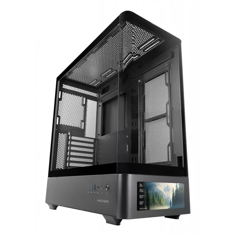 PC korpuss TACENS Mars Gaming MCLCDPRO Midi Tower — Melns, IPS 7.2 collu Displejs, Apakšējais PSU, ATX/Micro‑ATX/Mini‑ITX atbalsts