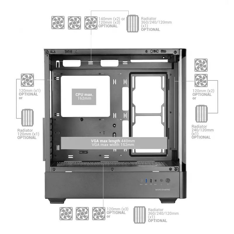 PC korpuss TACENS Mars Gaming MCLCDPRO Midi Tower — Melns, IPS 7.2 collu Displejs, Apakšējais PSU, ATX/Micro‑ATX/Mini‑ITX atbalsts