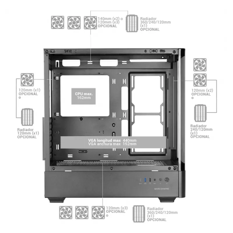 PC korpuss TACENS Mars Gaming MCLCDPRO Midi Tower — Melns, IPS 7.2 collu Displejs, Apakšējais PSU, ATX/Micro‑ATX/Mini‑ITX atbalsts