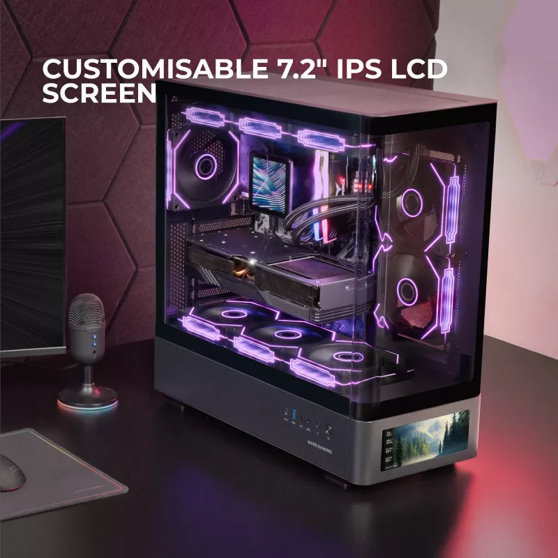 PC korpuss TACENS Mars Gaming MCLCDPRO Midi Tower — Melns, IPS 7.2 collu Displejs, Apakšējais PSU, ATX/Micro‑ATX/Mini‑ITX atbalsts