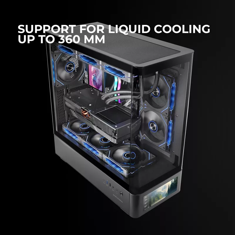 PC korpuss TACENS Mars Gaming MCLCDPRO Midi Tower — Melns, IPS 7.2 collu Displejs, Apakšējais PSU, ATX/Micro‑ATX/Mini‑ITX atbalsts