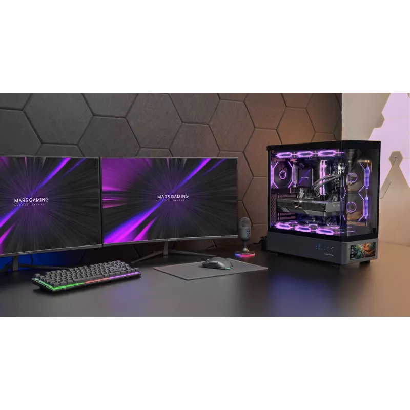 PC korpuss TACENS Mars Gaming MCLCDPRO Midi Tower — Melns, IPS 7.2 collu Displejs, Apakšējais PSU, ATX/Micro‑ATX/Mini‑ITX atbalsts