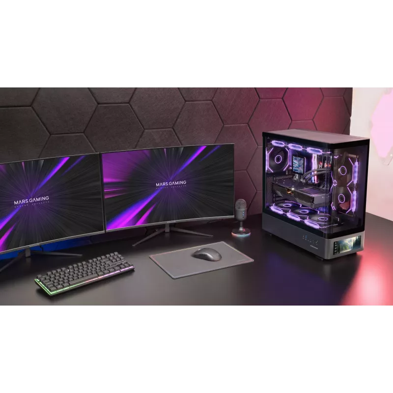 PC korpuss TACENS Mars Gaming MCLCDPRO Midi Tower — Melns, IPS 7.2 collu Displejs, Apakšējais PSU, ATX/Micro‑ATX/Mini‑ITX atbalsts