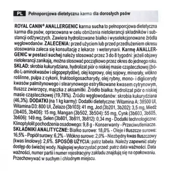Sausā suņu barība Royal Canin Anallergenic 8 kg — pieaugušiem suņiem hipoalerģiska recepte bez putnu olbaltumvielām, bez lipekļa, bez laktozes