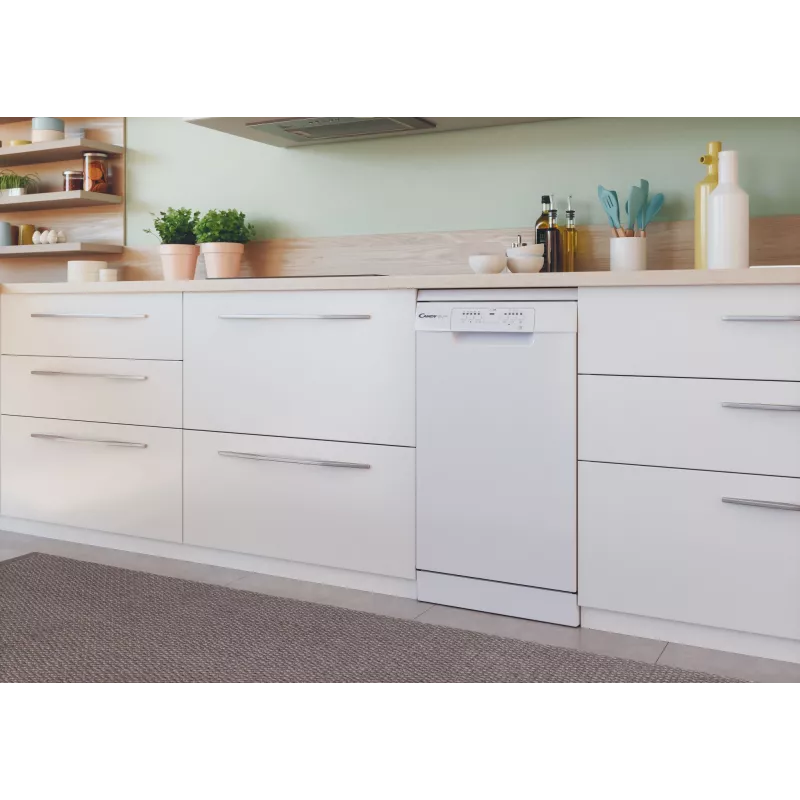 Brīvi stāvoša šaurā trauku mazgājamā mašīna CANDY Brava CDPH 2L1049W — 10 komplekti, 45 cm, 49 dB, E klase