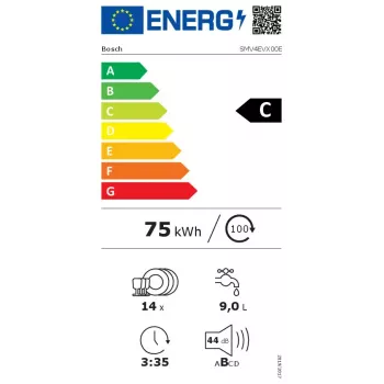 Iebūvējamā trauku mazgājamā mašīna Bosch Serie 4 SMV4EVX00E — 14 komplekti, 60 cm, 6 programmas, 44 dB, siltummaiņa žāvēšana
