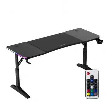 Spēļu galds huzaro Hero 4.6 RGB — melns taisnstūra virsma 1600×600 mm, augstums 560–790 mm, H-kājas, RGB fona apgaismojums