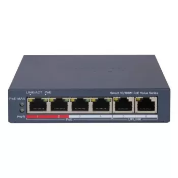 Hikvision DS-3E1106P-EI/M 6 portu PoE slēdzis, 4x PoE 10/100 + 2x RJ45 10/100, 45 W