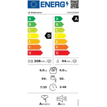 LG F4DR509SBW veļas žāvētājs Brīvi stāvošs Priekšējā ielāde Melns, Balts